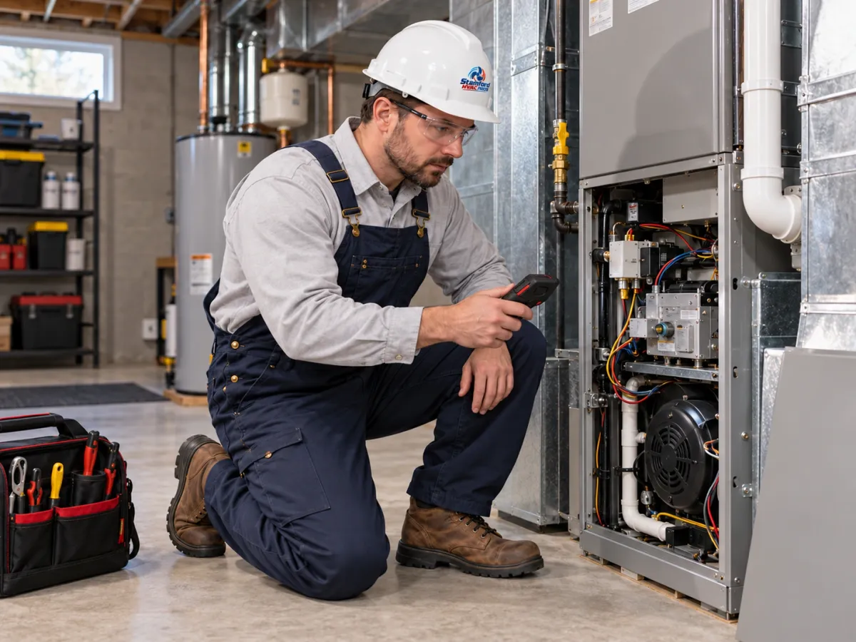 HVAC technician in a hard hat kneeling to inspect an open furnace with a meter